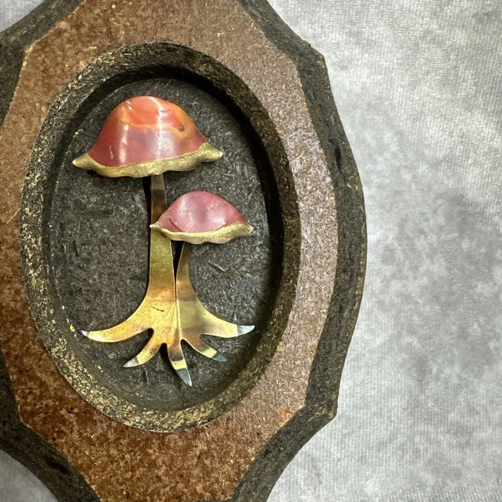 Vintage Mushroom Wall Hanging 1970s Boho Home Decor Metal and Wood